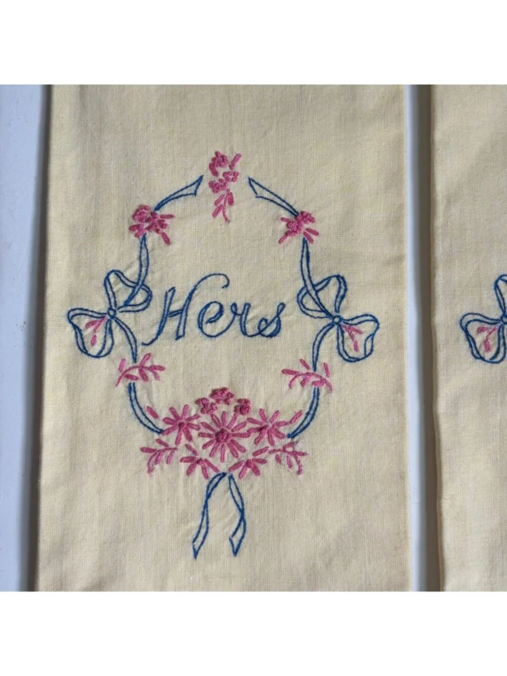 Vintage His Hers Embroidered Yellow Guest Towels Pink Blue Floral Design Pair